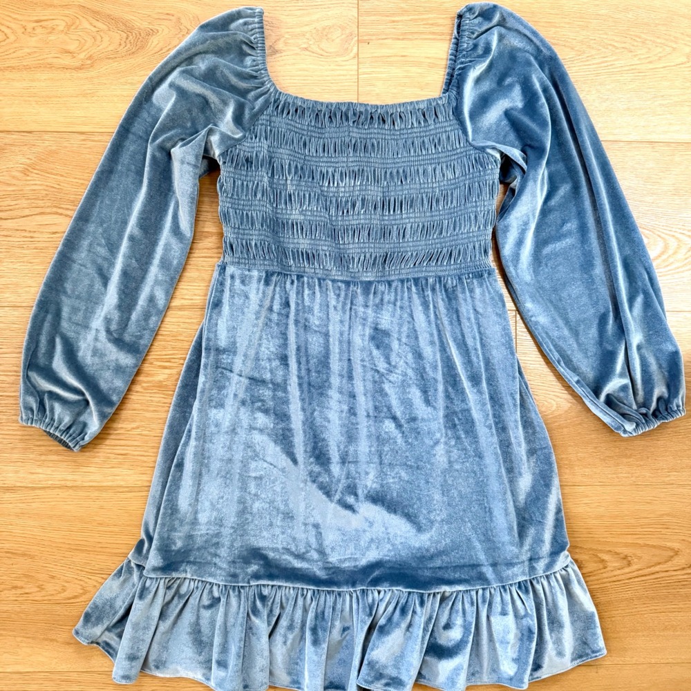 LC Lauren Conrad Velvet Dress Women Small Blue Excellent Smocked Ruffle Mini